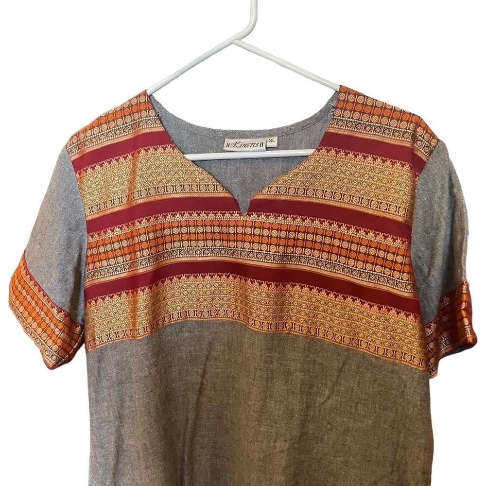 Kirans Linen Indian Print Chest Dress Short Sleeve Betel Leaf Neckline XL - Picture 5 of 10
